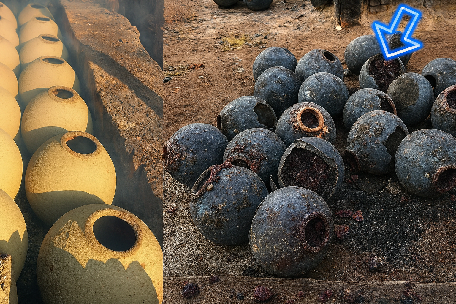 焼成後の壺と黒く変化した塩