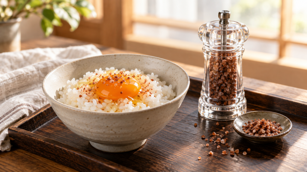 朝の食卓の卵かけごはんと、粒の岩塩が入ったミルボトル
