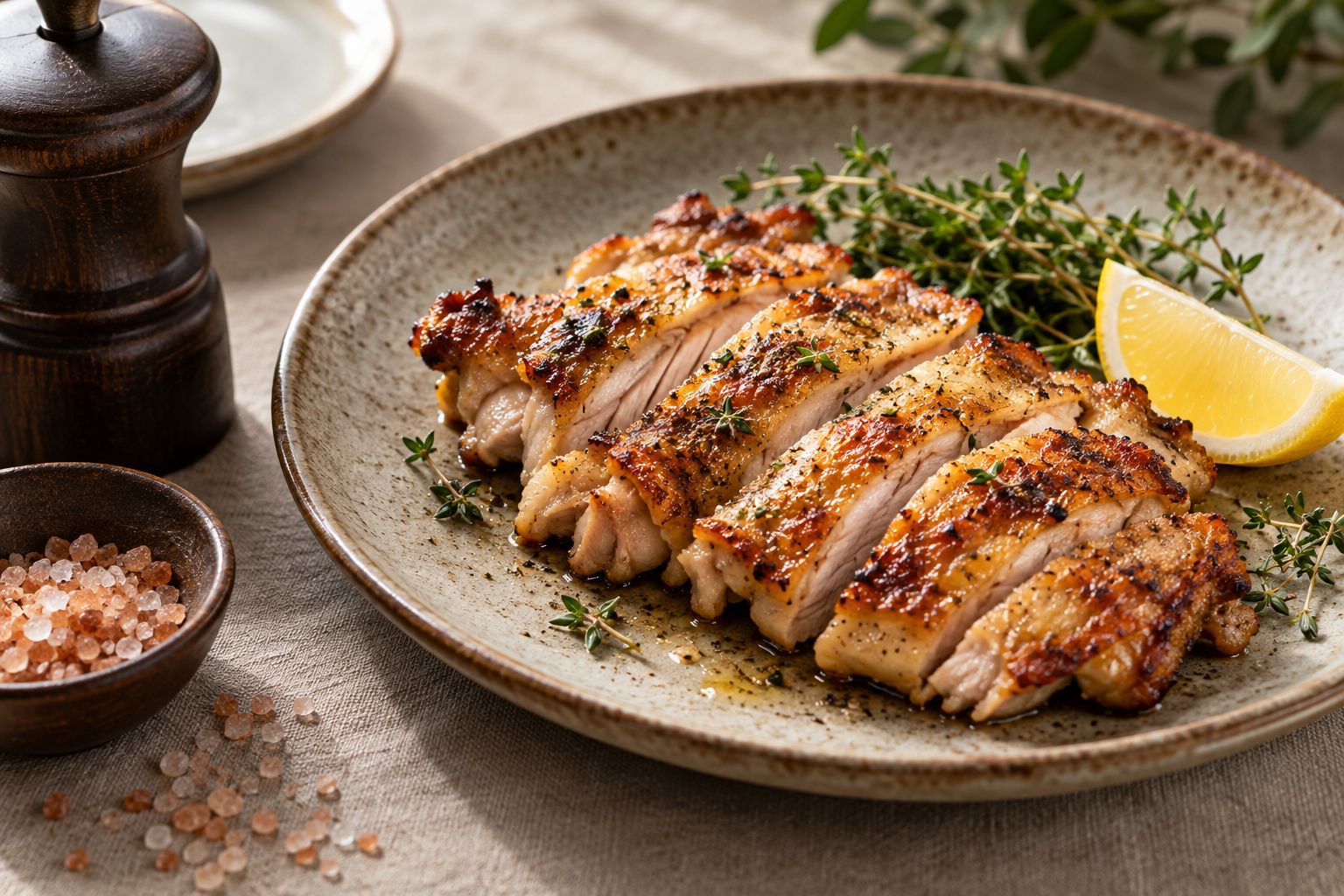 鶏もも肉のソテーと粒の岩塩を入れたミル