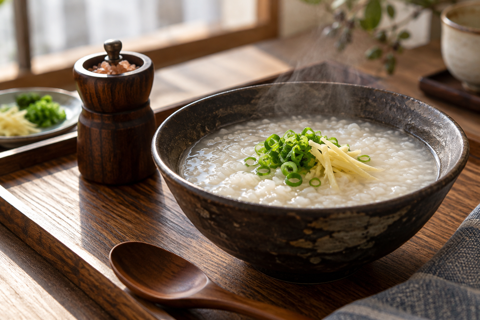 しょうがと青ねぎを添えたお粥と岩塩ミル