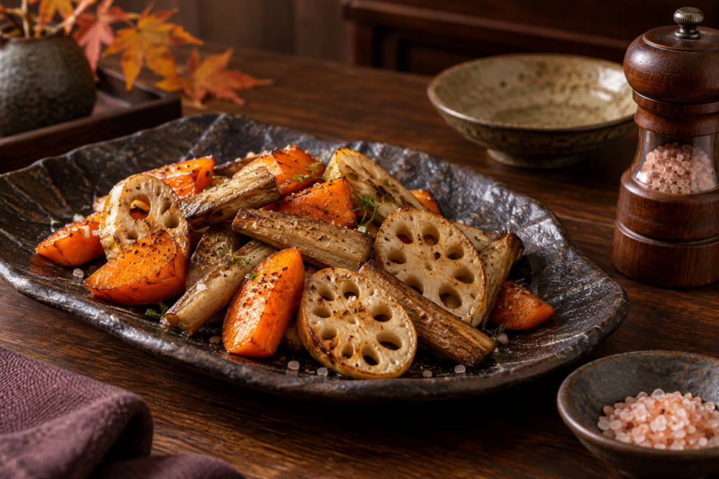 にんじんやれんこんなどの焼き根菜と岩塩ミル